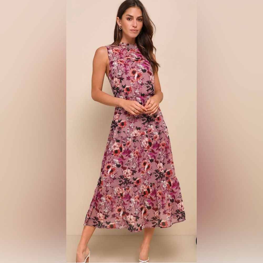 Lulus Mauve Floral Print Midi Dress